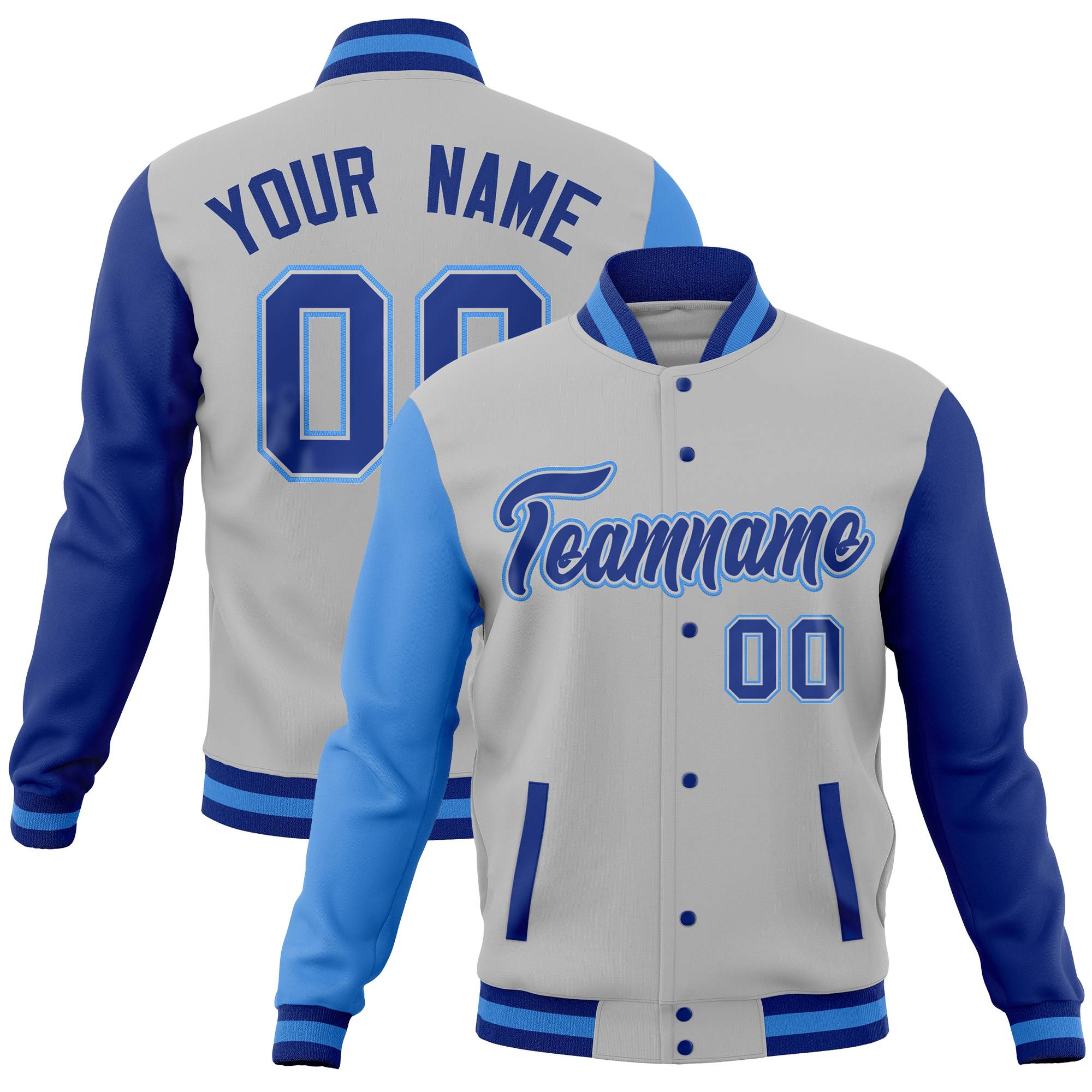 Custom Gray Royal-Powder Blue Full-Snap Varsity Raglan Sleeves Letterman Baseball Jacket