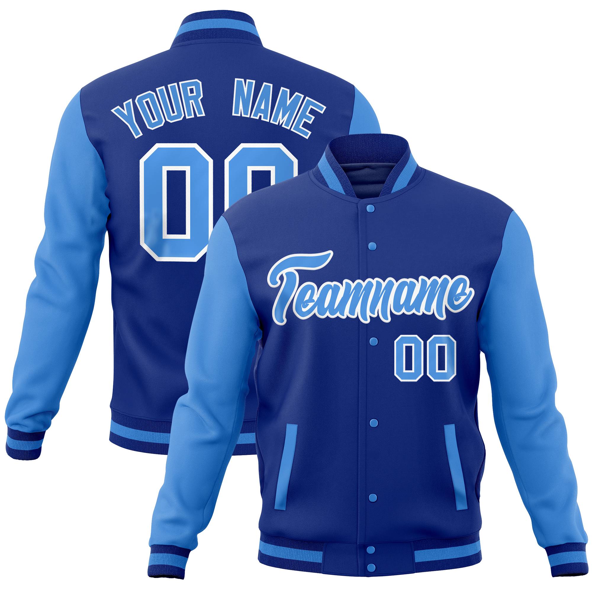 Custom Royal Powder Blue Full-Snap Varsity Raglan Sleeves Letterman Baseball Jacket