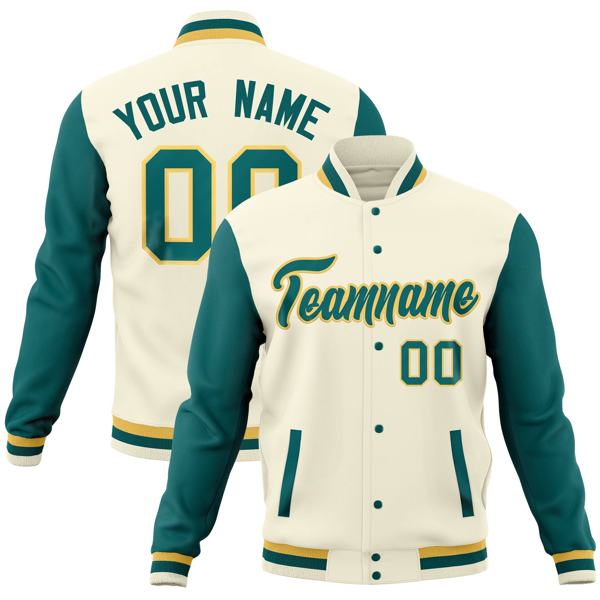 Custom Aqua Khaki-Cream Full-Snap Varsity Raglan Sleeves Letterman Baseball Jacket