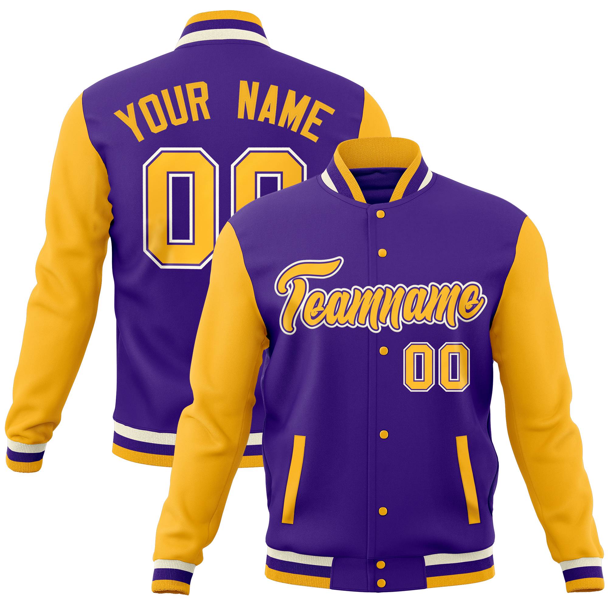 Custom Powder Blue Pink-Gold Full-Snap Varsity Raglan Sleeves Letterman Baseball Jacket