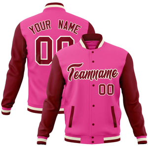 Custom Cream Crimson-Pink Full-Snap Varsity Raglan Sleeves Letterman Baseball Jacket