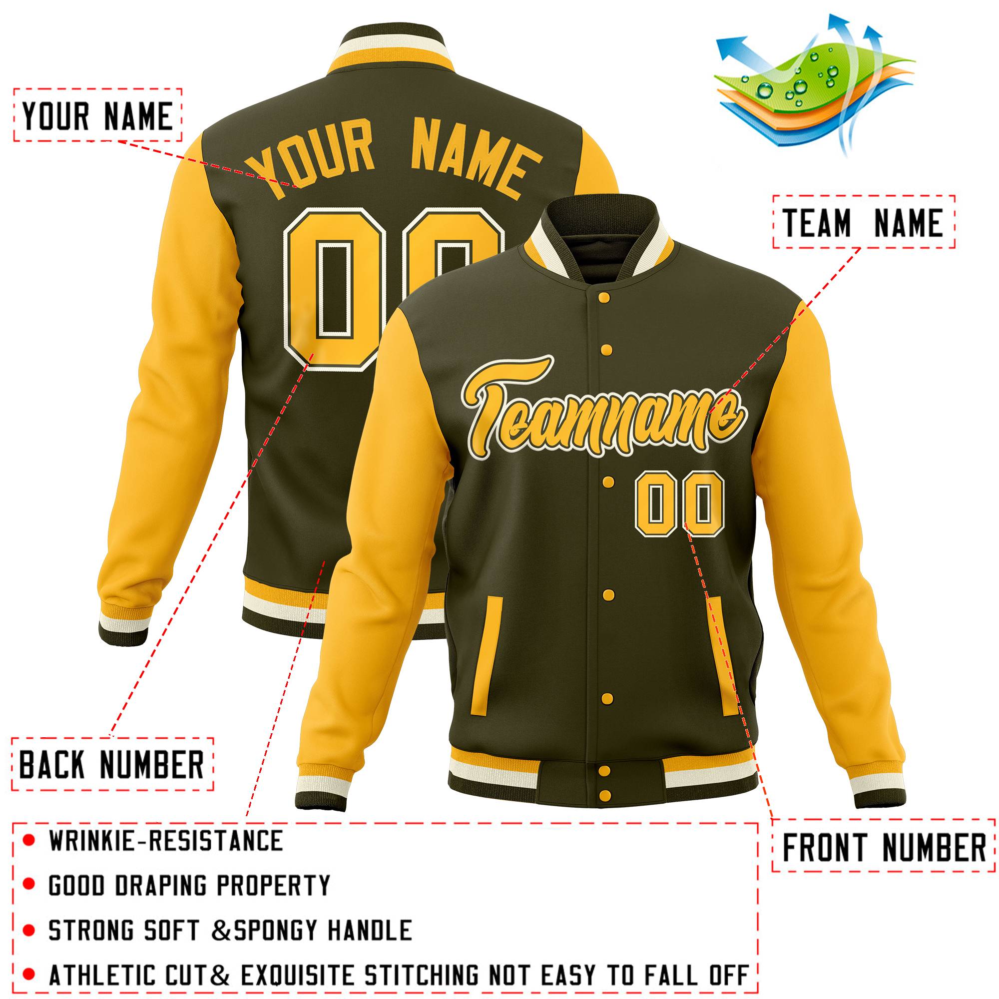 Custom Powder Blue Gold Full-Snap Varsity Raglan Sleeves Letterman Baseball Jacket