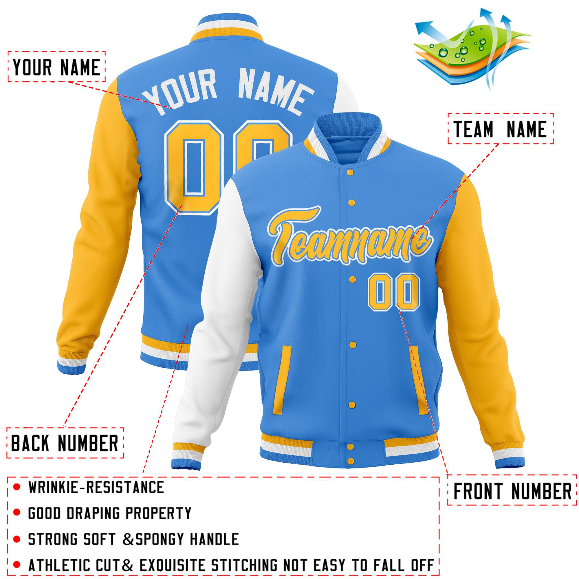 Custom Aqua Navy Full-Snap Varsity Raglan Sleeves Letterman Baseball Jacket