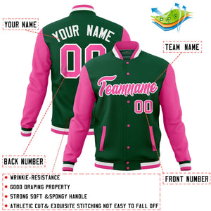 Custom Pink Midnight Green Full-Snap Varsity Raglan Sleeves Letterman Baseball Jacket