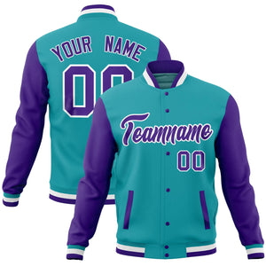 Custom White Midnight Green Full-Snap Varsity Raglan Sleeves Letterman Baseball Jacket