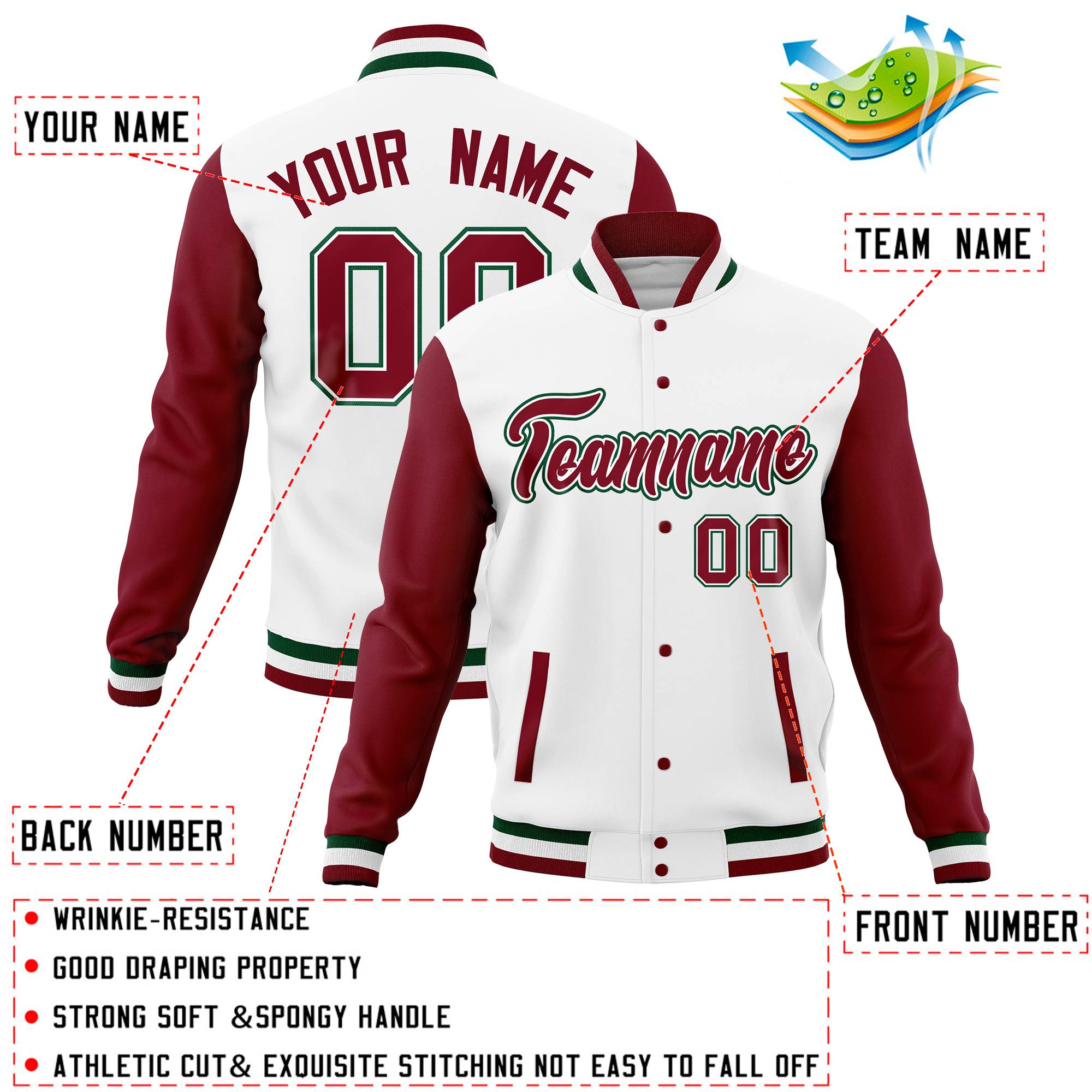 Custom White Green Full-Snap Varsity Raglan Sleeves Letterman Baseball Jacket