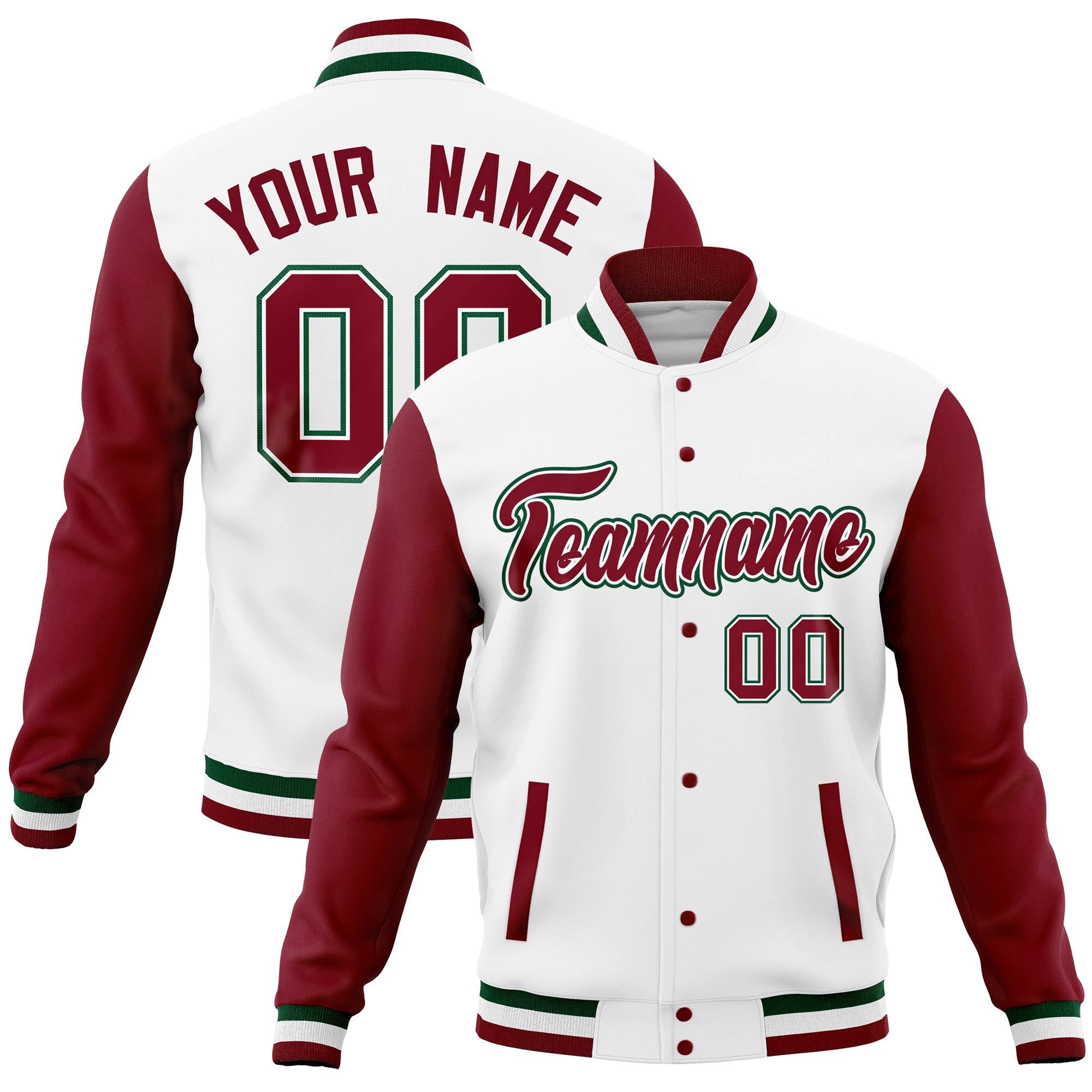 Custom White Green Full-Snap Varsity Raglan Sleeves Letterman Baseball Jacket