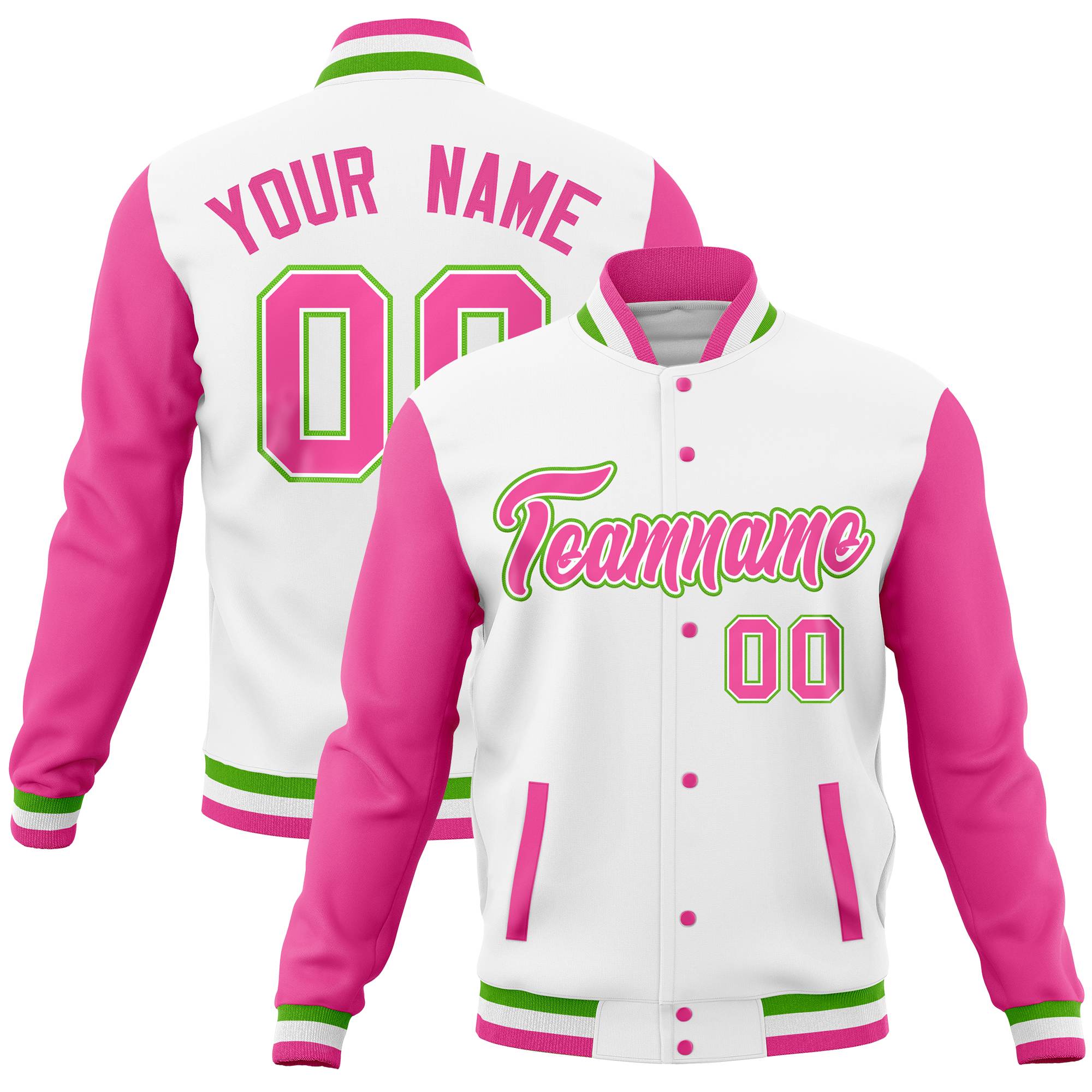 Custom Kelly Green Red Full-Snap Varsity Raglan Sleeves Letterman Baseball Jacket