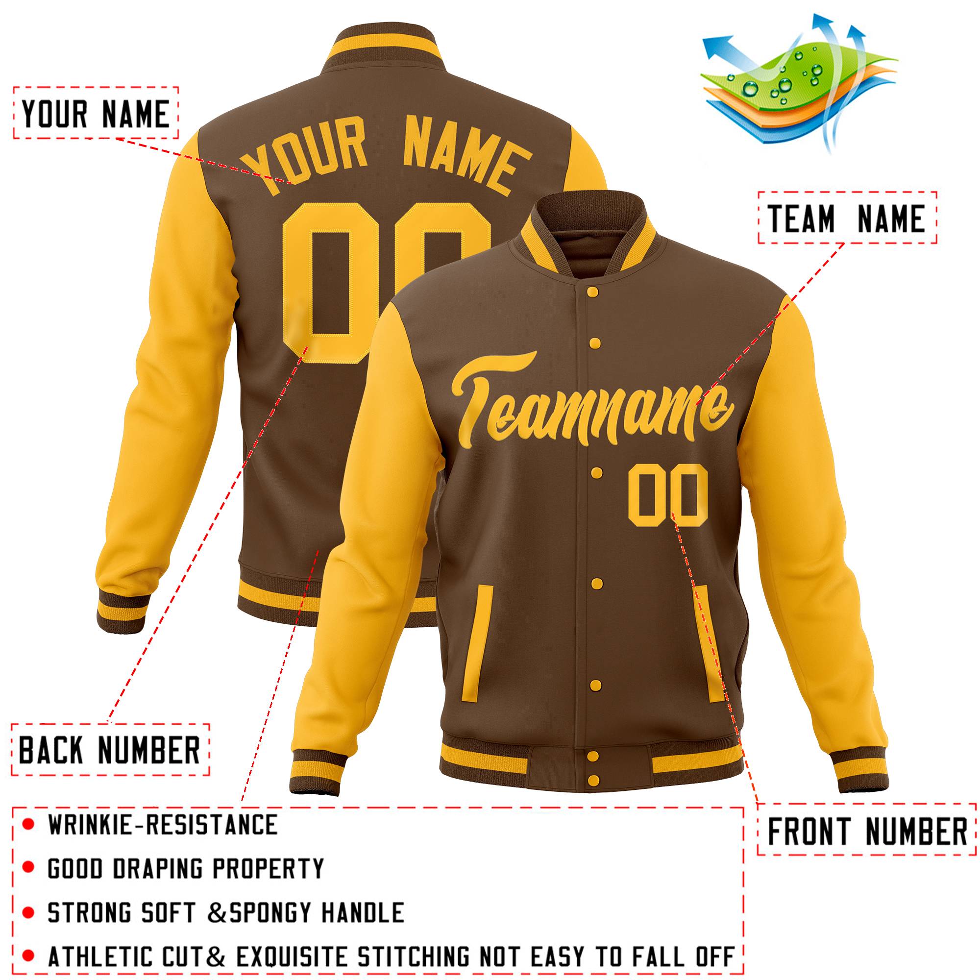 Custom Powder Blue Gold Full-Snap Varsity Raglan Sleeves Letterman Baseball Jacket