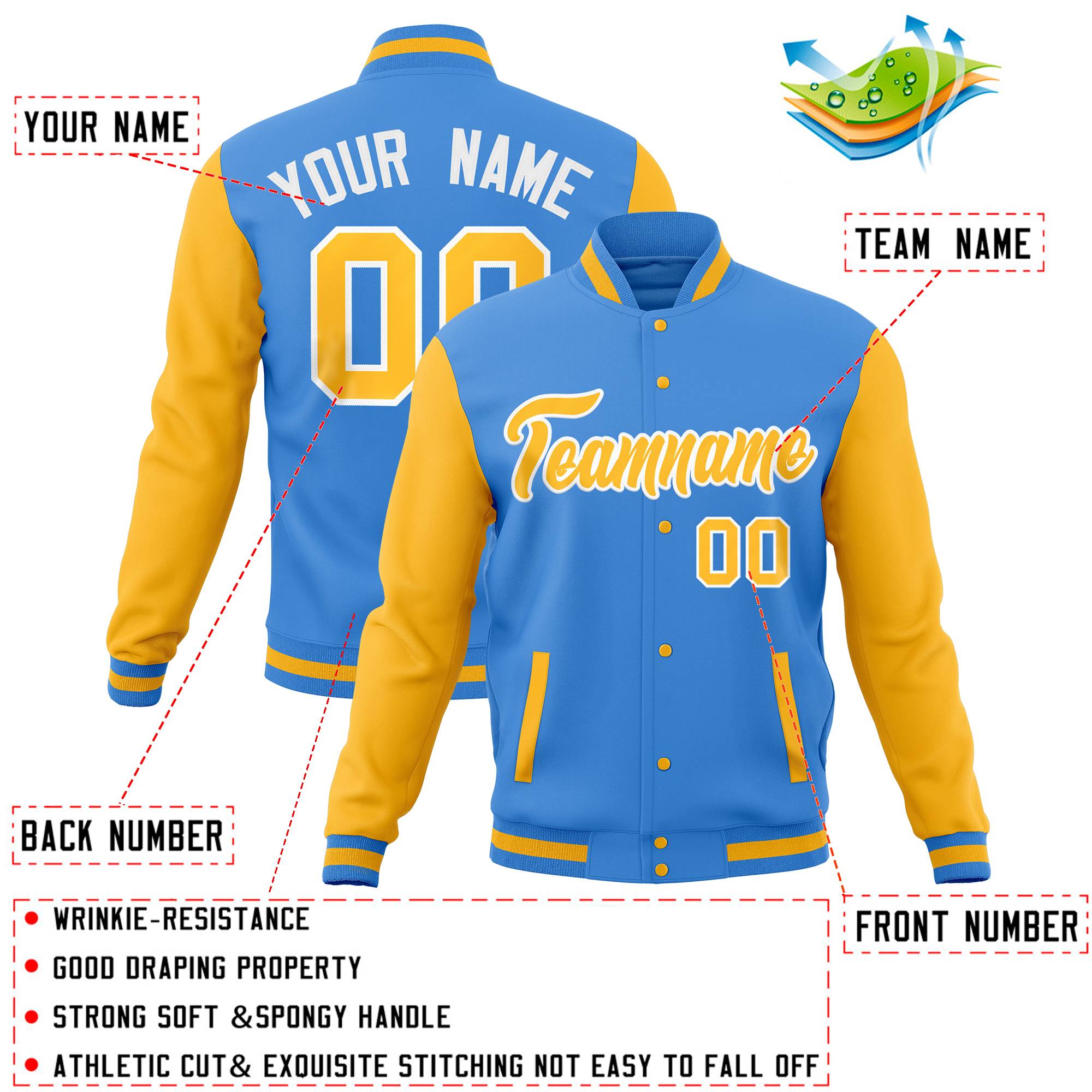 Custom Gold Midnight Green Full-Snap Varsity Raglan Sleeves Letterman Baseball Jacket