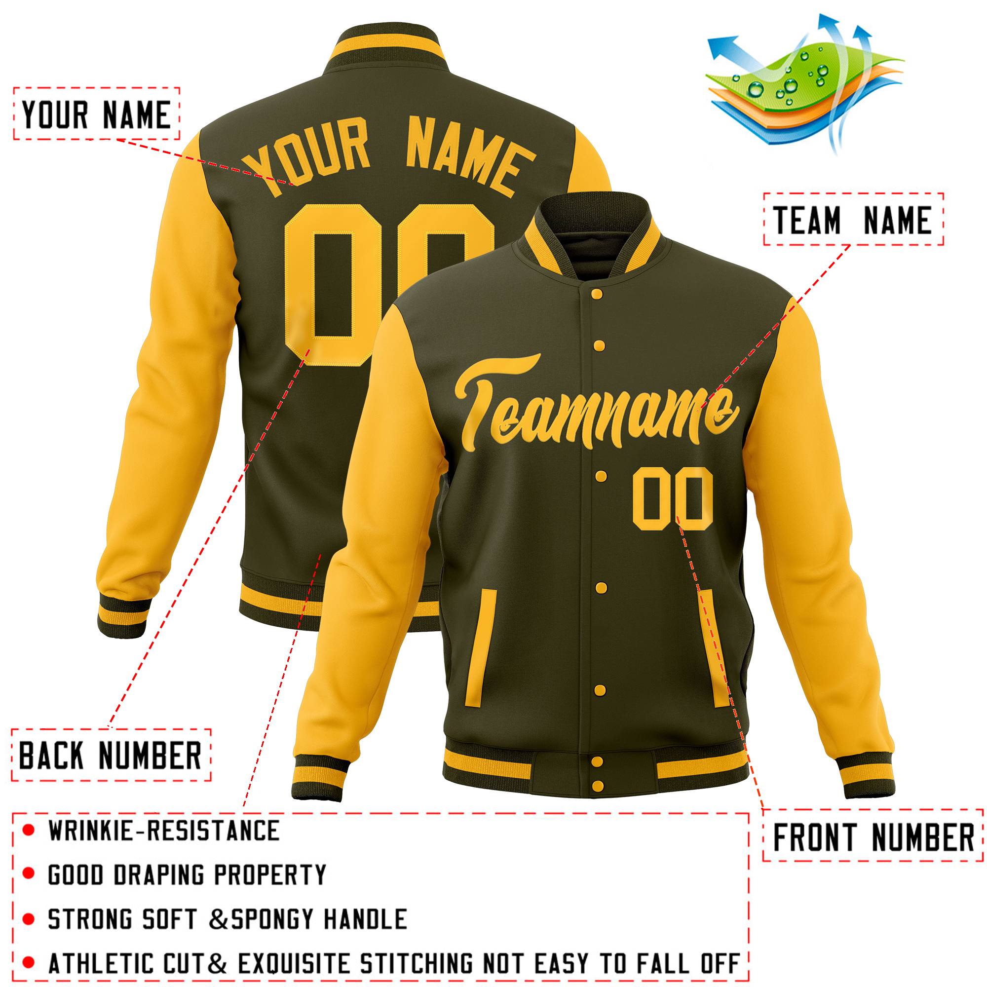 Custom Brown Red-Old Gold Full-Snap Varsity Raglan Sleeves Letterman Baseball Jacket