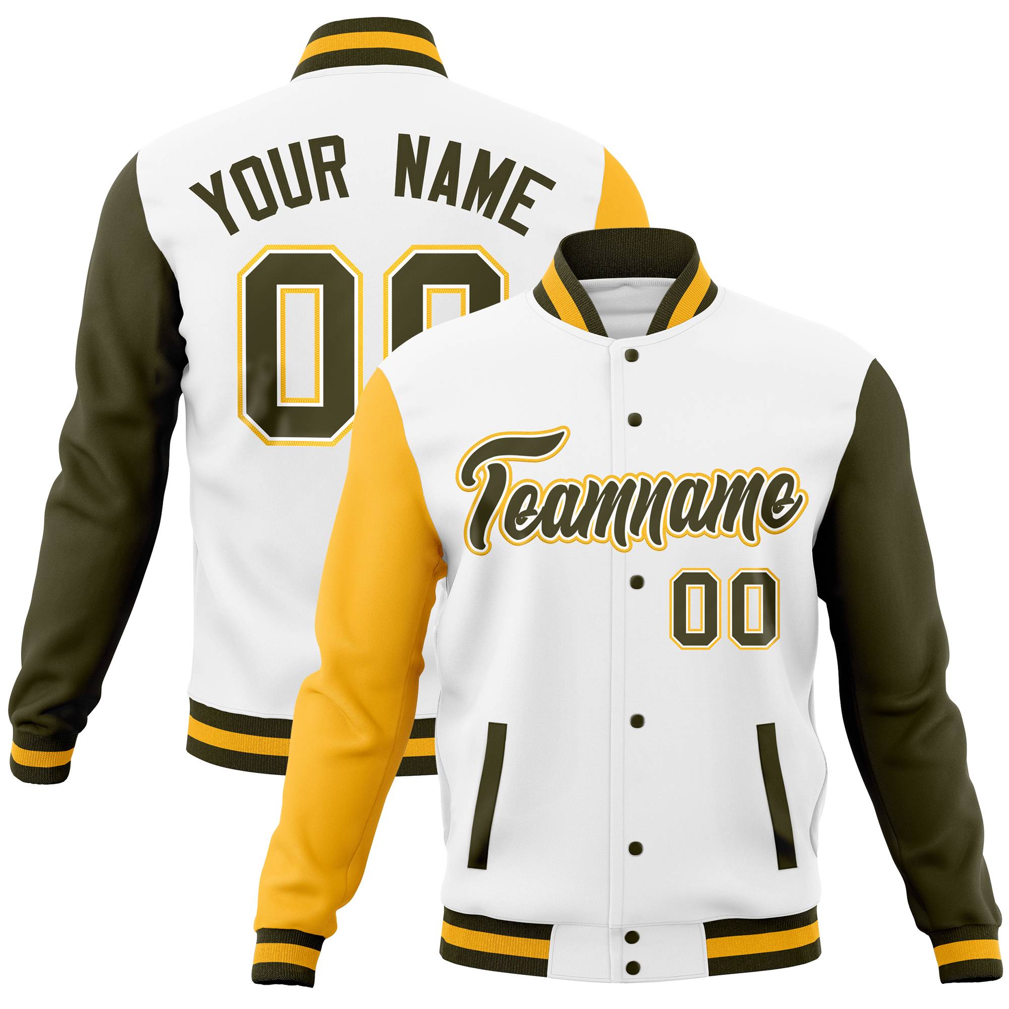 Custom Brown Old Gold Full-Snap Varsity Raglan Sleeves Letterman Baseball Jacket