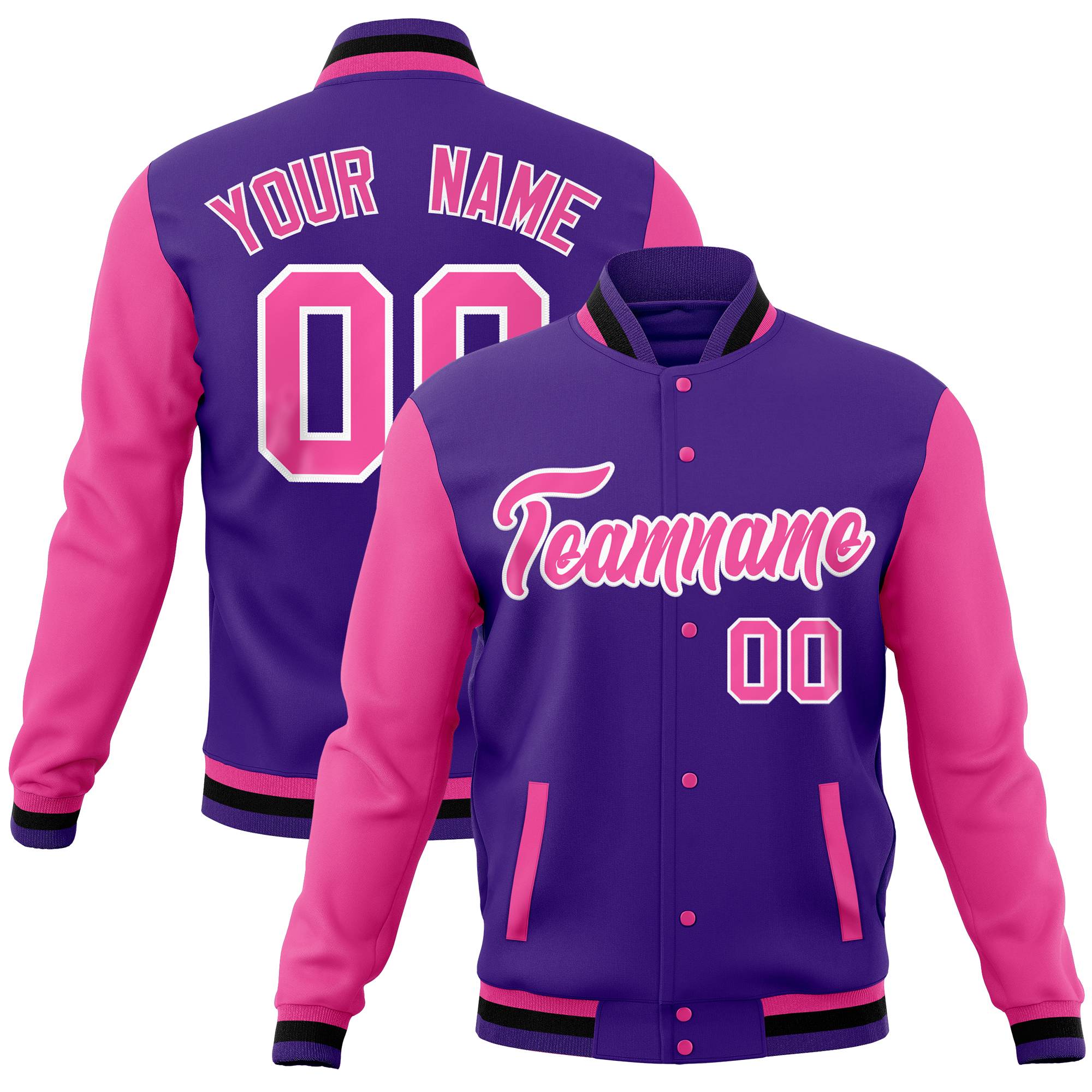 Custom Midnight Green Pink-Powder Blue Full-Snap Varsity Raglan Sleeves Letterman Baseball Jacket