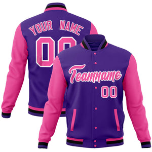 Custom Midnight Green Pink-Powder Blue Full-Snap Varsity Raglan Sleeves Letterman Baseball Jacket