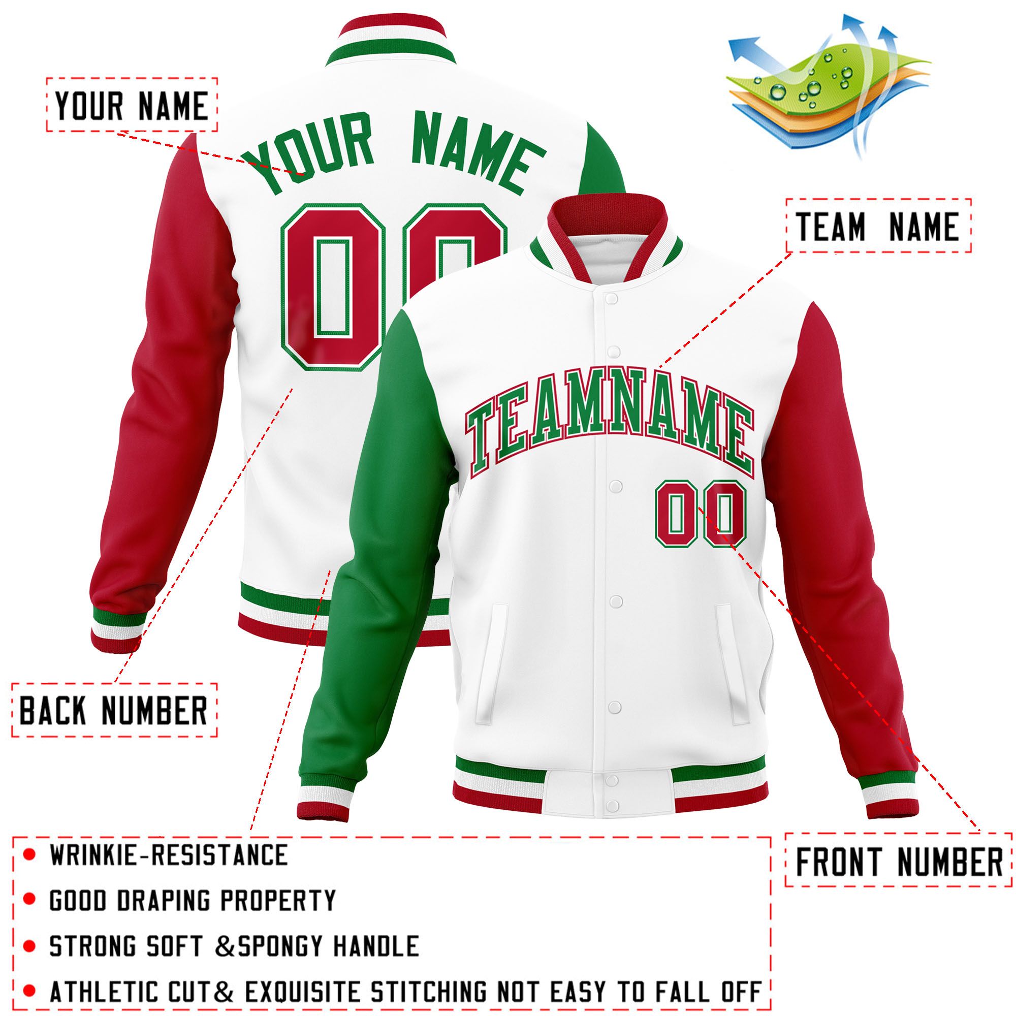 Custom White Red-Kelly Green Raglan Sleeves Varsity Full-Snap Letterman Jacket