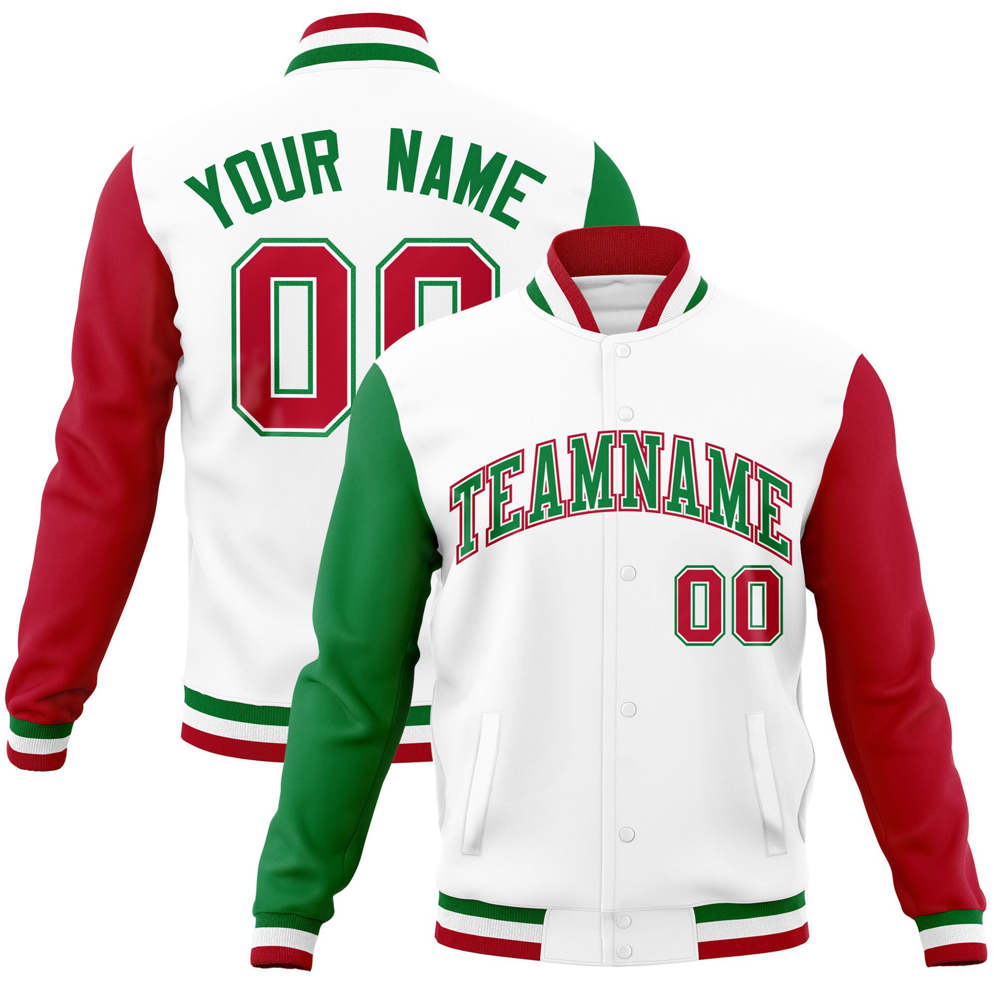 Custom White Red-Kelly Green Raglan Sleeves Varsity Full-Snap Letterman Jacket