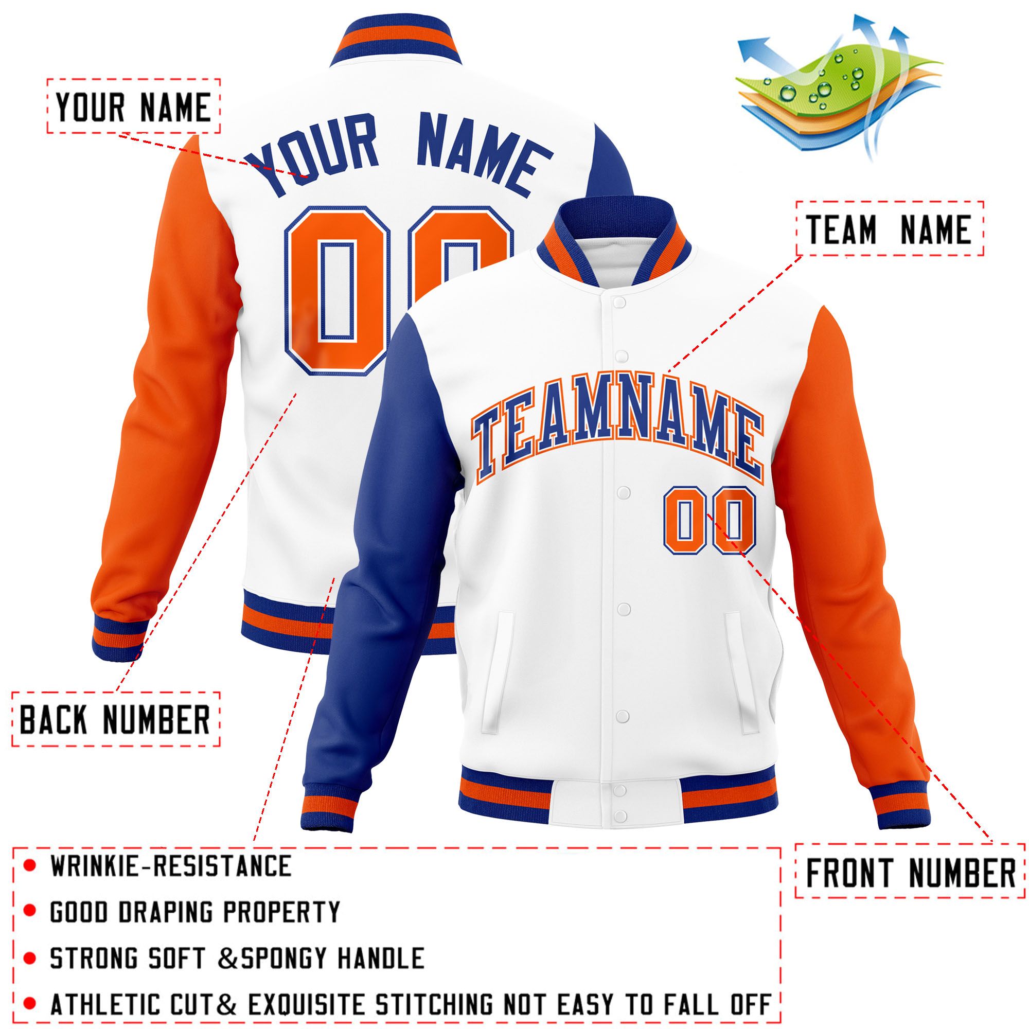 Custom White Orange-Royal Raglan Sleeves Varsity Full-Snap Letterman Jacket