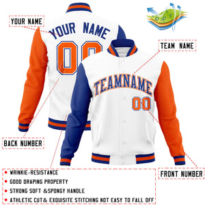 Custom White Orange-Royal Raglan Sleeves Varsity Full-Snap Letterman Jacket