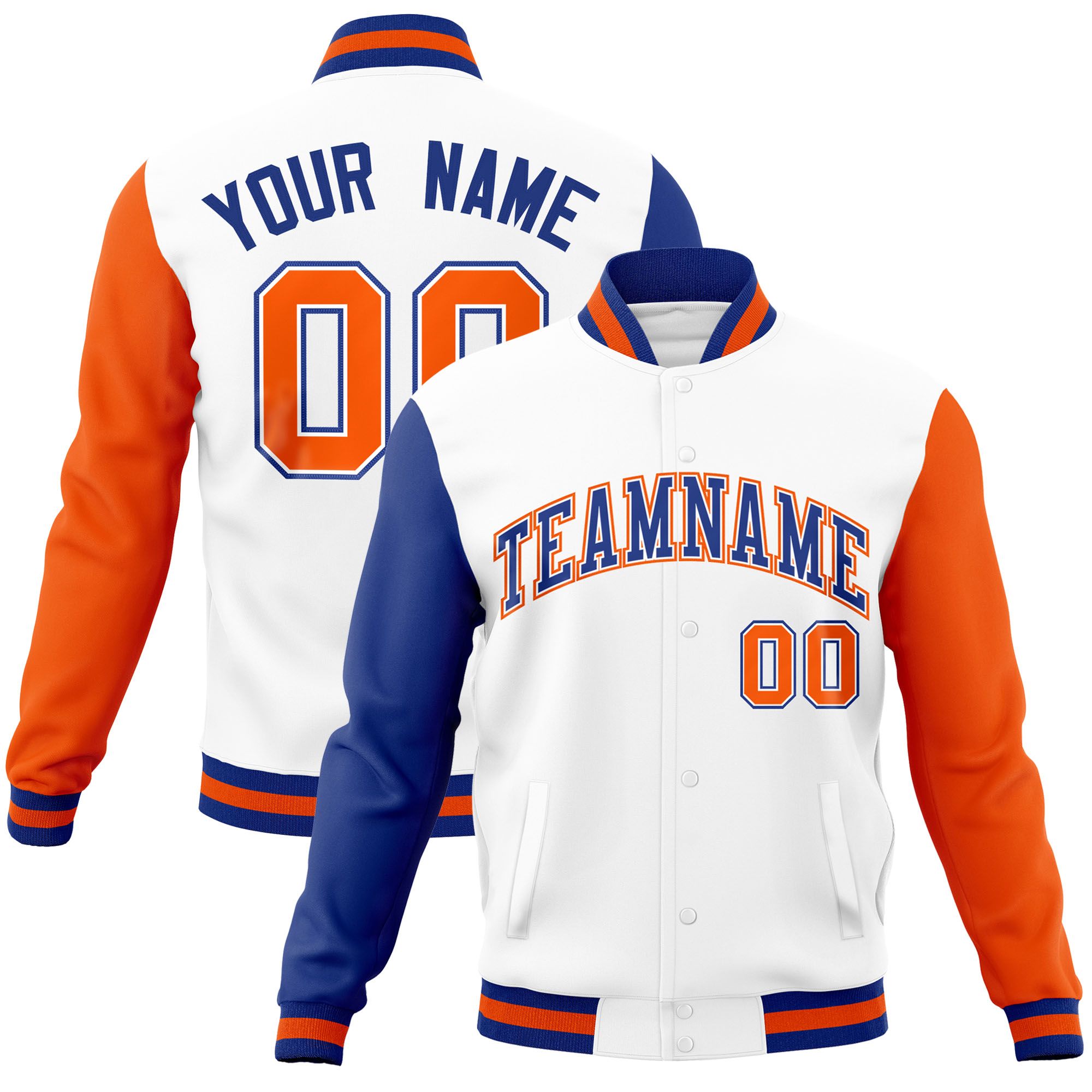 Custom White Orange-Royal Raglan Sleeves Varsity Full-Snap Letterman Jacket