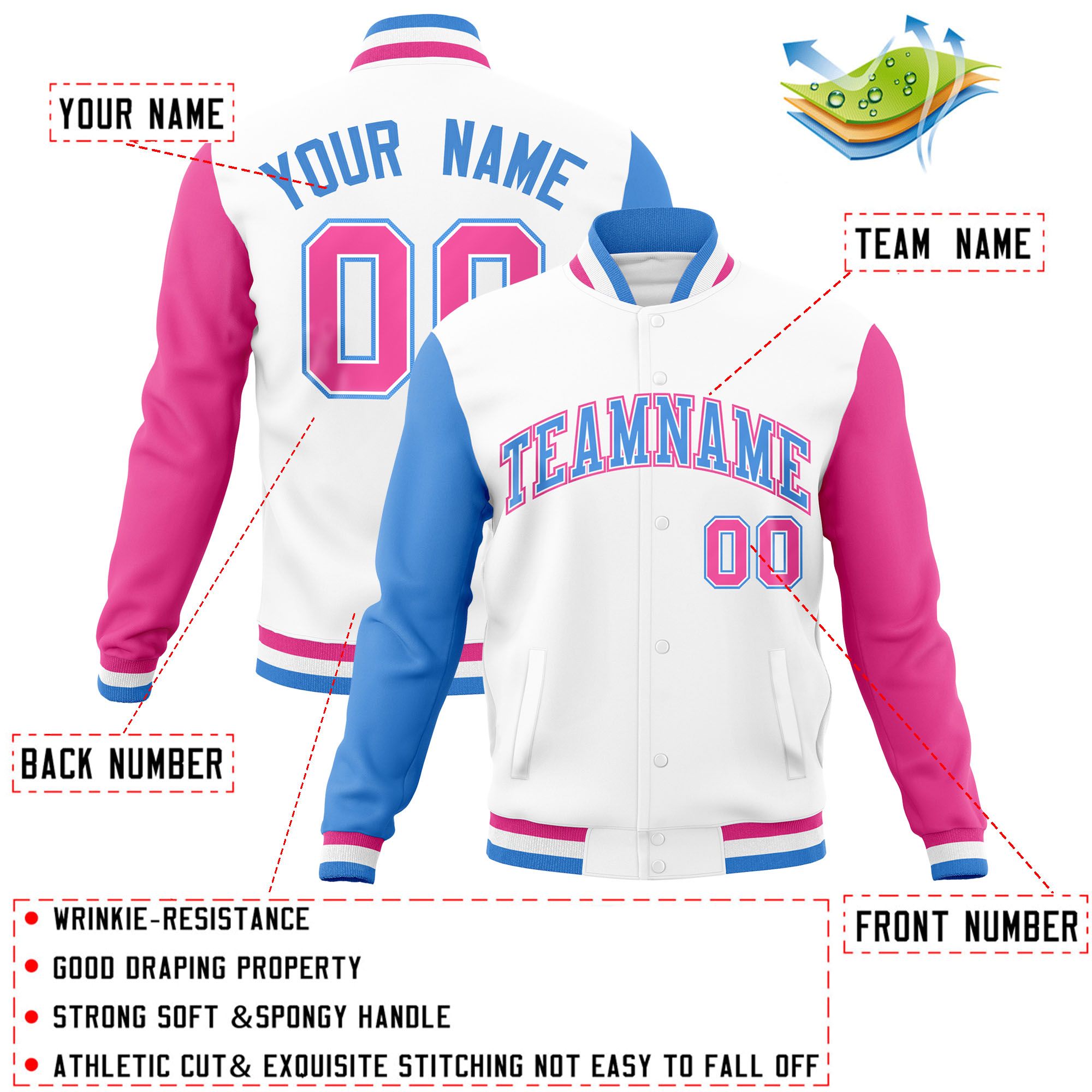 Custom White Pink-Powder Blue Raglan Sleeves Varsity Full-Snap Letterman Jacket