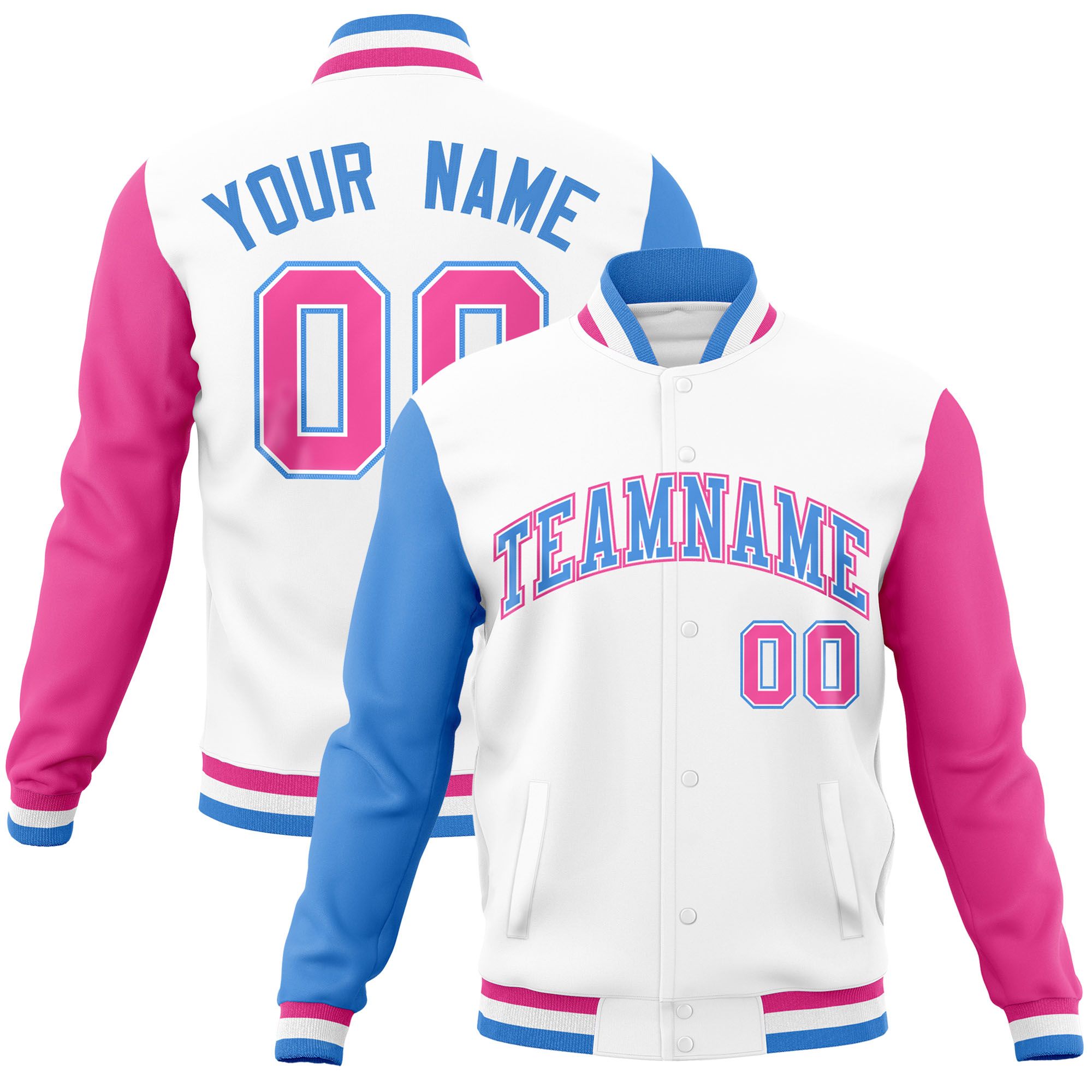 Custom White Pink-Powder Blue Raglan Sleeves Varsity Full-Snap Letterman Jacket