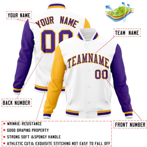 Custom White Purple-Gold Raglan Sleeves Varsity Full-Snap Letterman Jacket