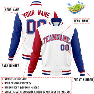 Custom White Royal-Red Raglan Sleeves Varsity Full-Snap Letterman Jacket