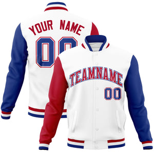 Custom White Royal-Red Raglan Sleeves Varsity Full-Snap Letterman Jacket