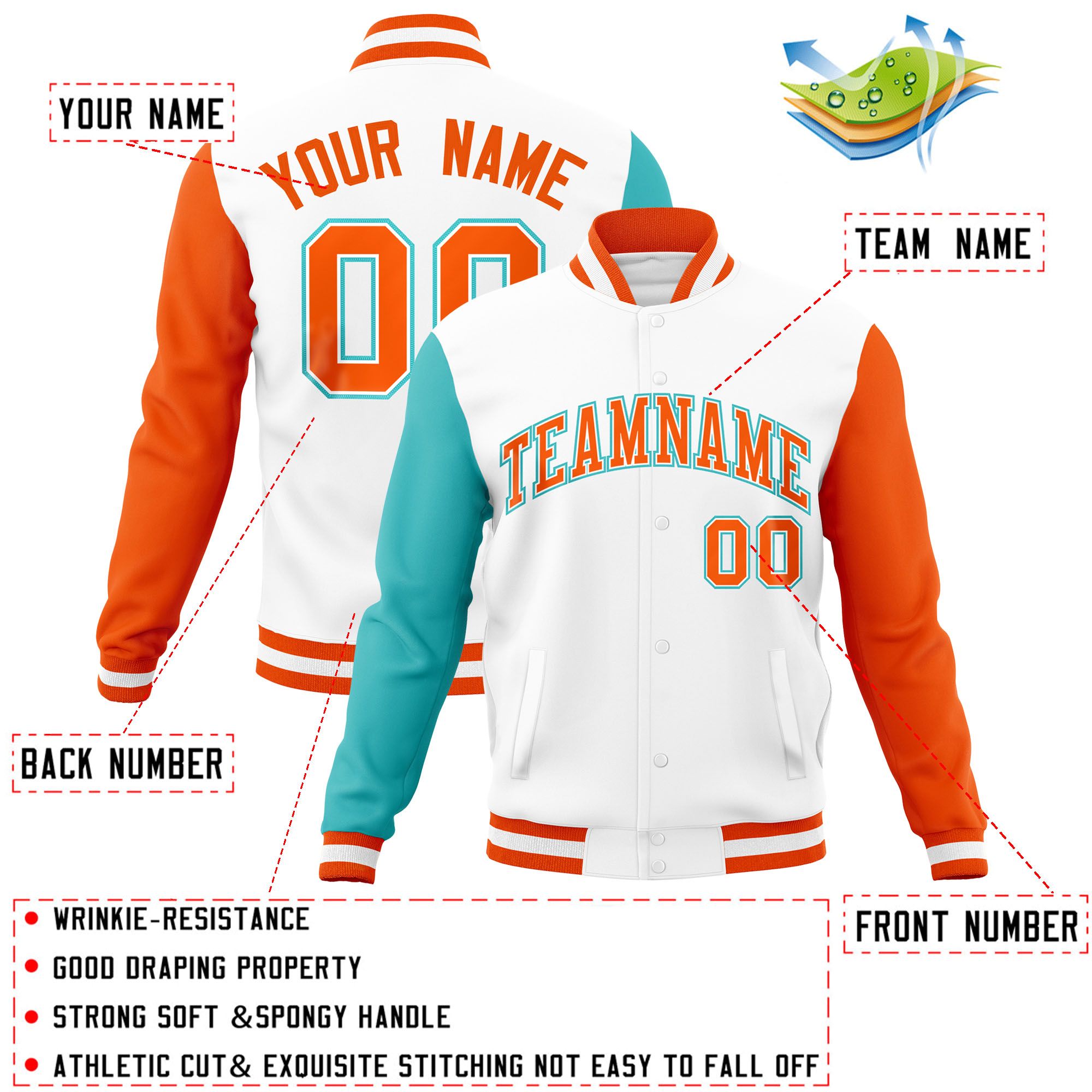 Custom White Orange-Bright Green Raglan Sleeves Varsity Full-Snap Letterman Jacket