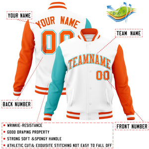 Custom White Orange-Bright Green Raglan Sleeves Varsity Full-Snap Letterman Jacket