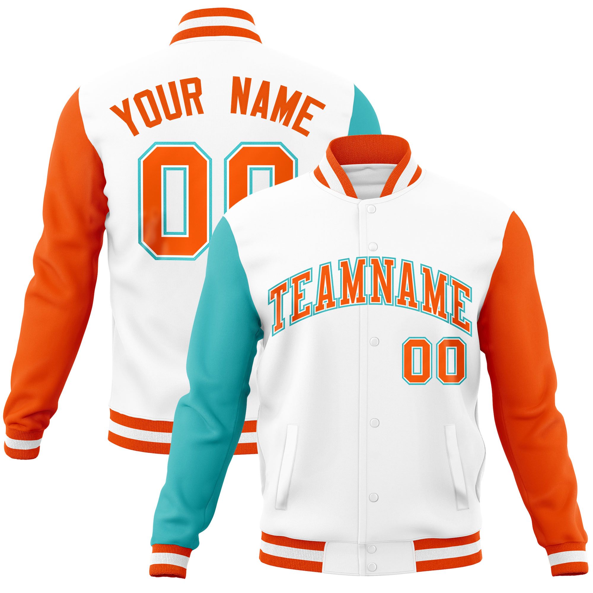 Custom White Orange-Bright Green Raglan Sleeves Varsity Full-Snap Letterman Jacket