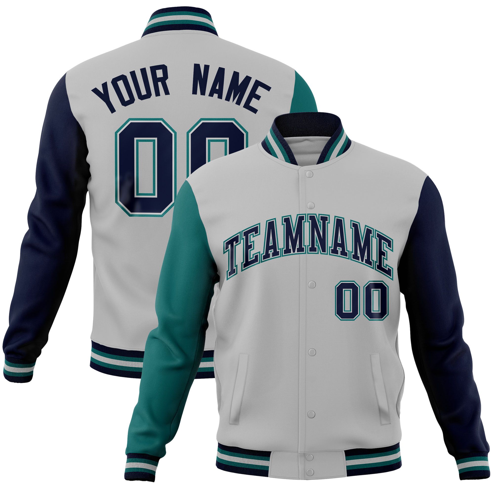 Custom Gray Navy-Aqua Raglan Sleeves Varsity Full-Snap Letterman Jacket