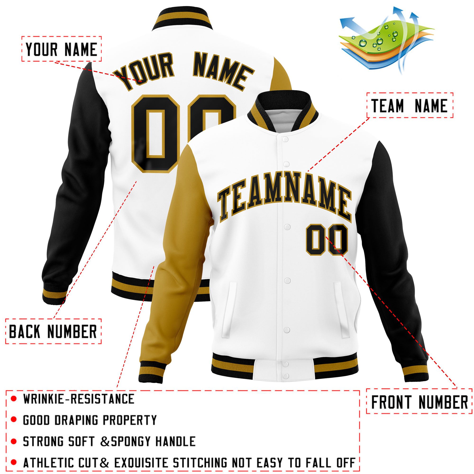 Custom White Black-Old Gold Raglan Sleeves Varsity Full-Snap Letterman Jacket