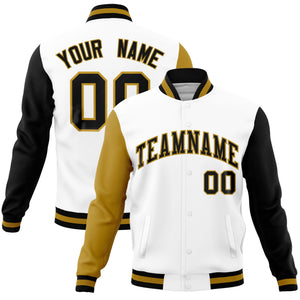 Custom White Black-Old Gold Raglan Sleeves Varsity Full-Snap Letterman Jacket