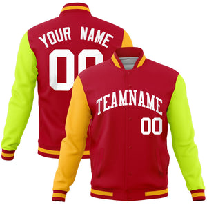 Custom Red Neon Green-Gold Raglan Sleeves Varsity Full-Snap Letterman Jacket