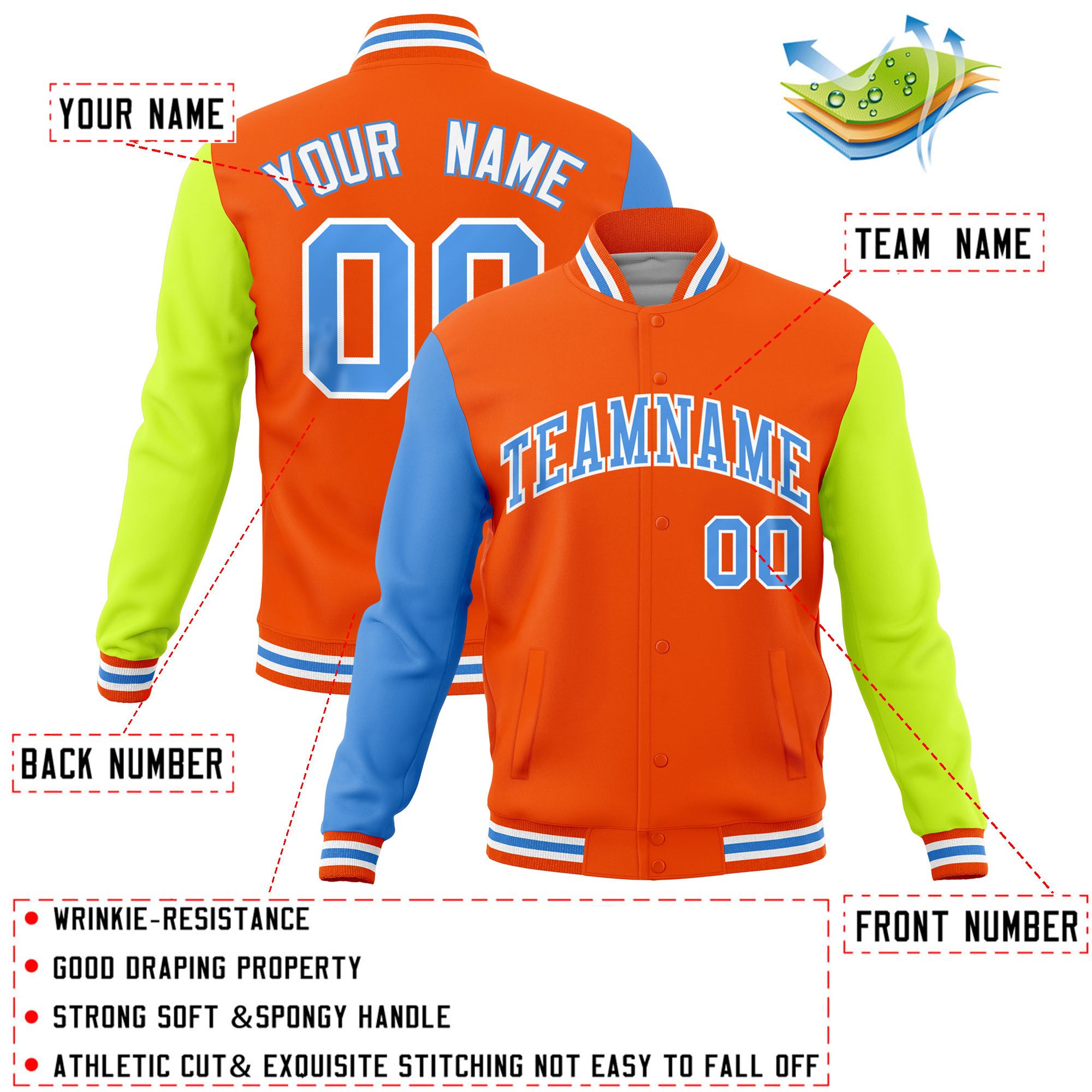 Custom Orange Neon Green-Powder Blue Raglan Sleeves Varsity Full-Snap Letterman Jacket