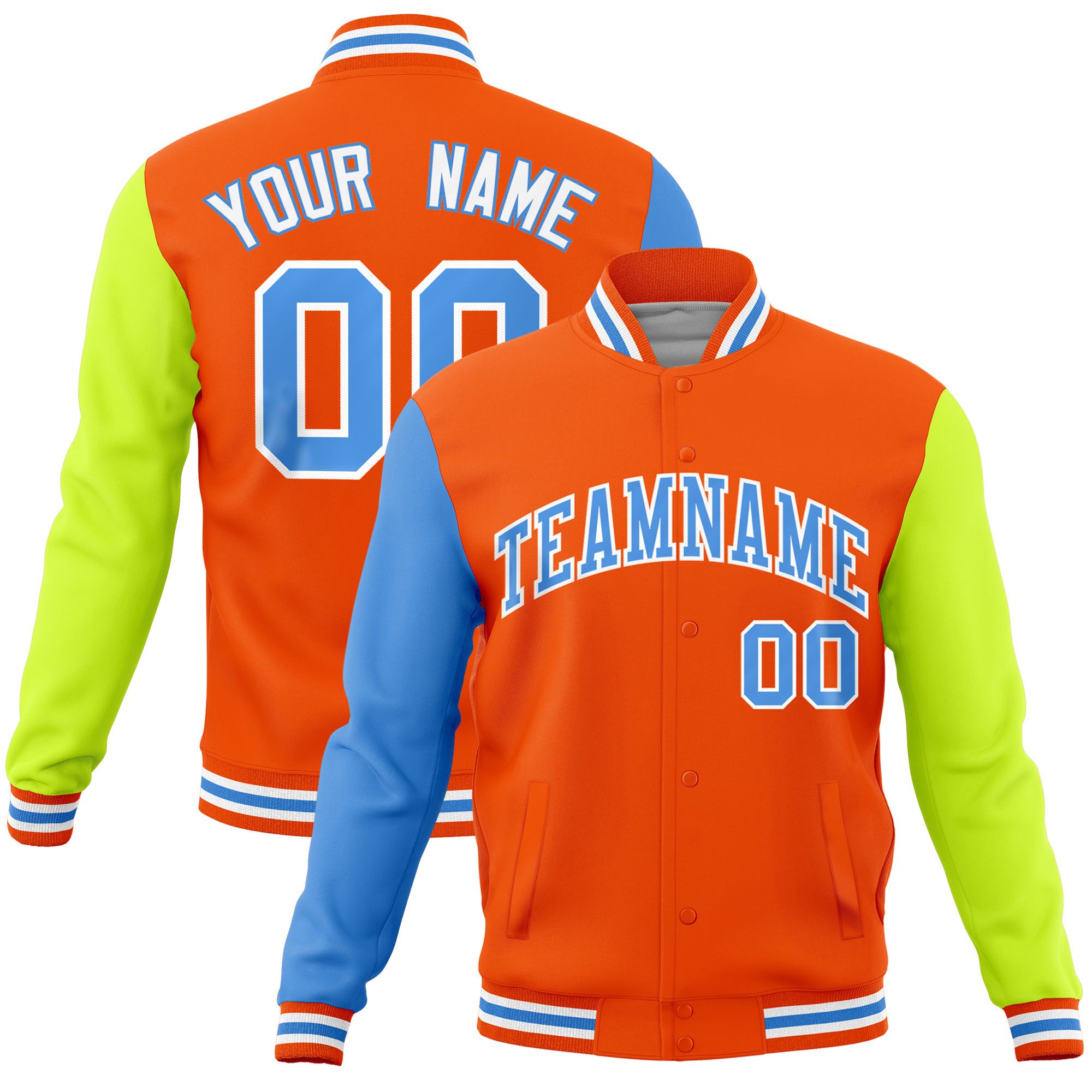 Custom Orange Neon Green-Powder Blue Raglan Sleeves Varsity Full-Snap Letterman Jacket