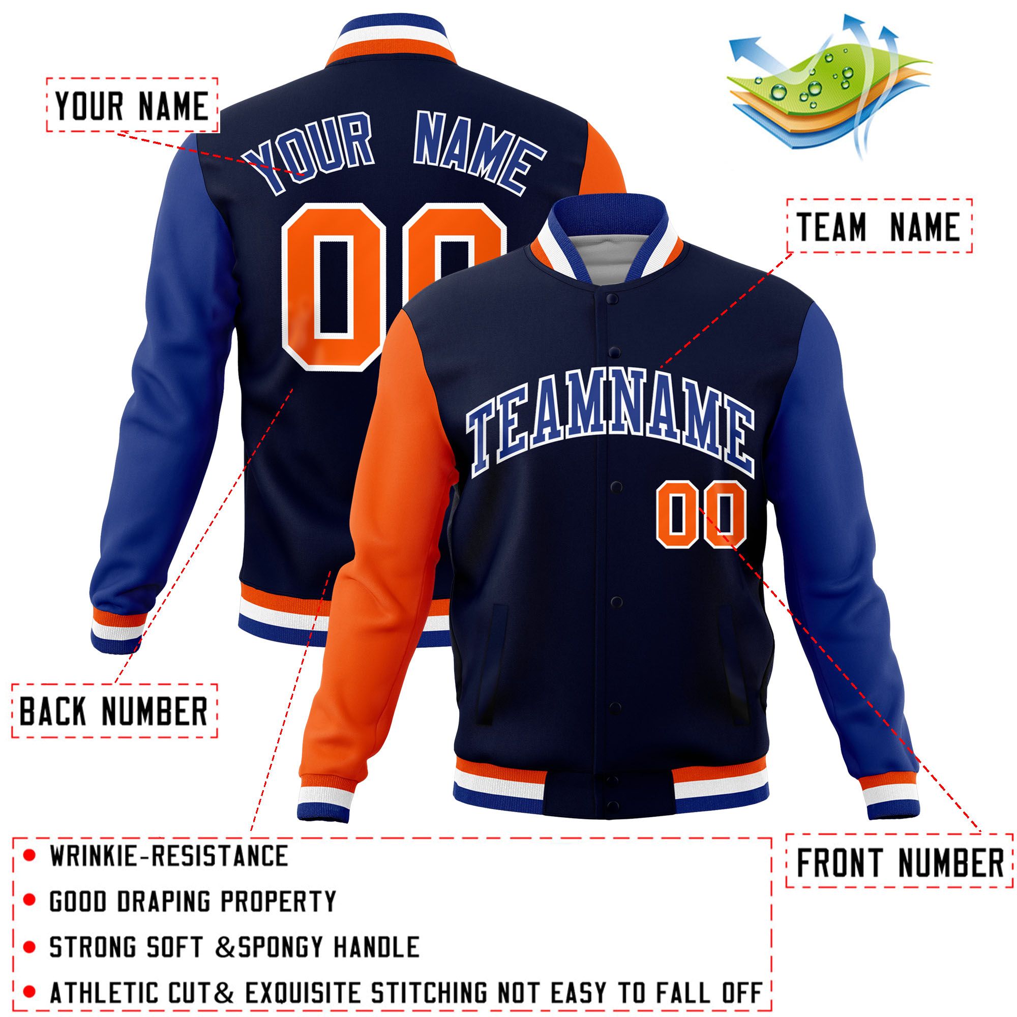 Custom Navy Royal-Orange Raglan Sleeves Varsity Full-Snap Letterman Jacket