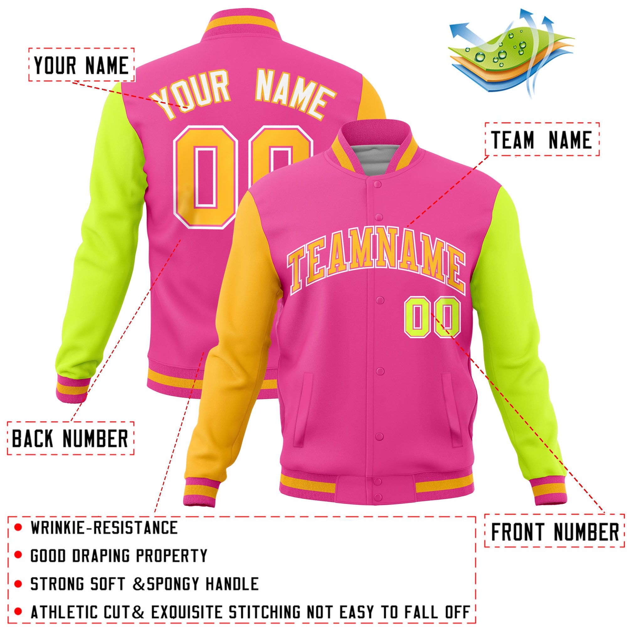 Custom Pink Neon Green-Gold Raglan Sleeves Varsity Full-Snap Letterman Jacket