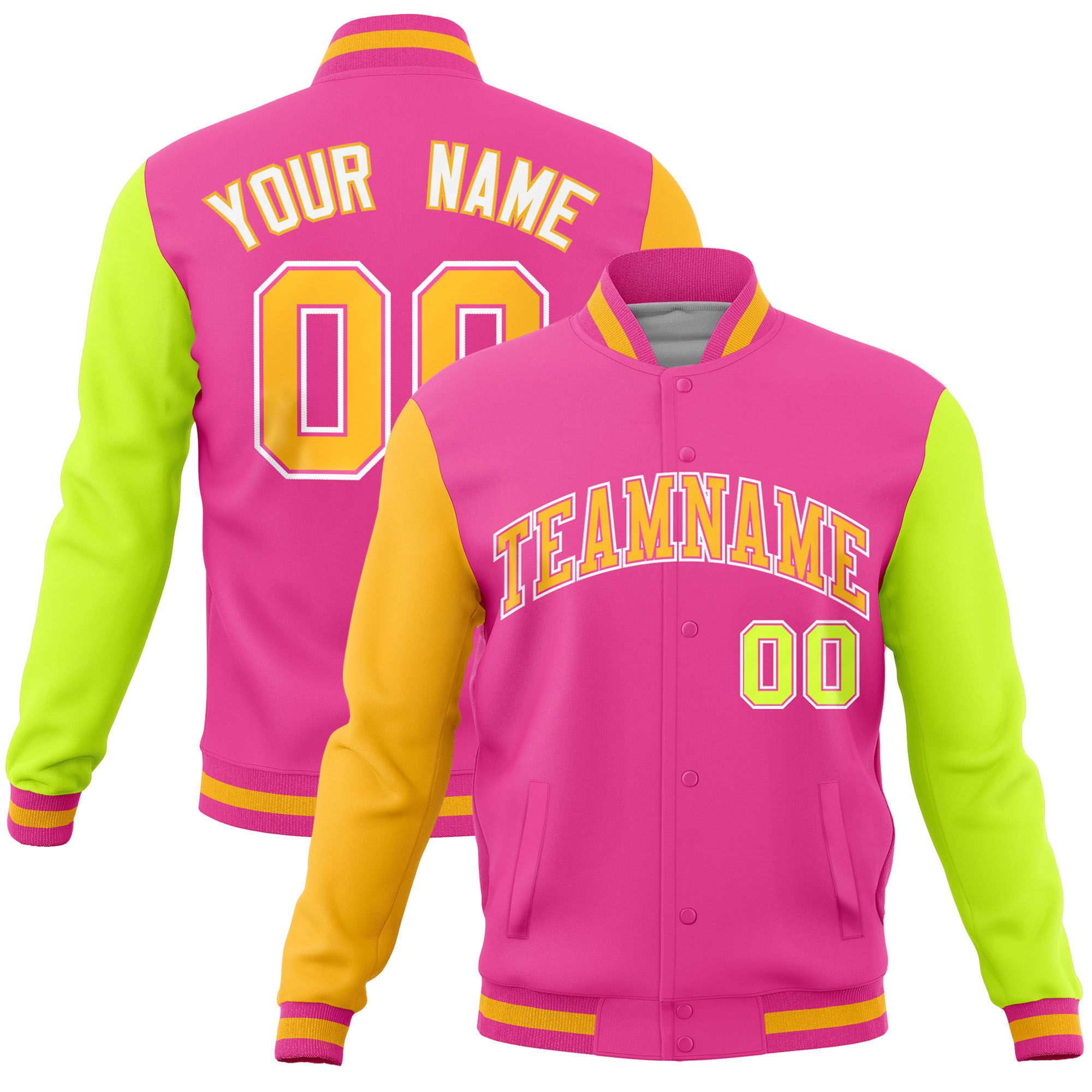 Custom Pink Neon Green-Gold Raglan Sleeves Varsity Full-Snap Letterman Jacket