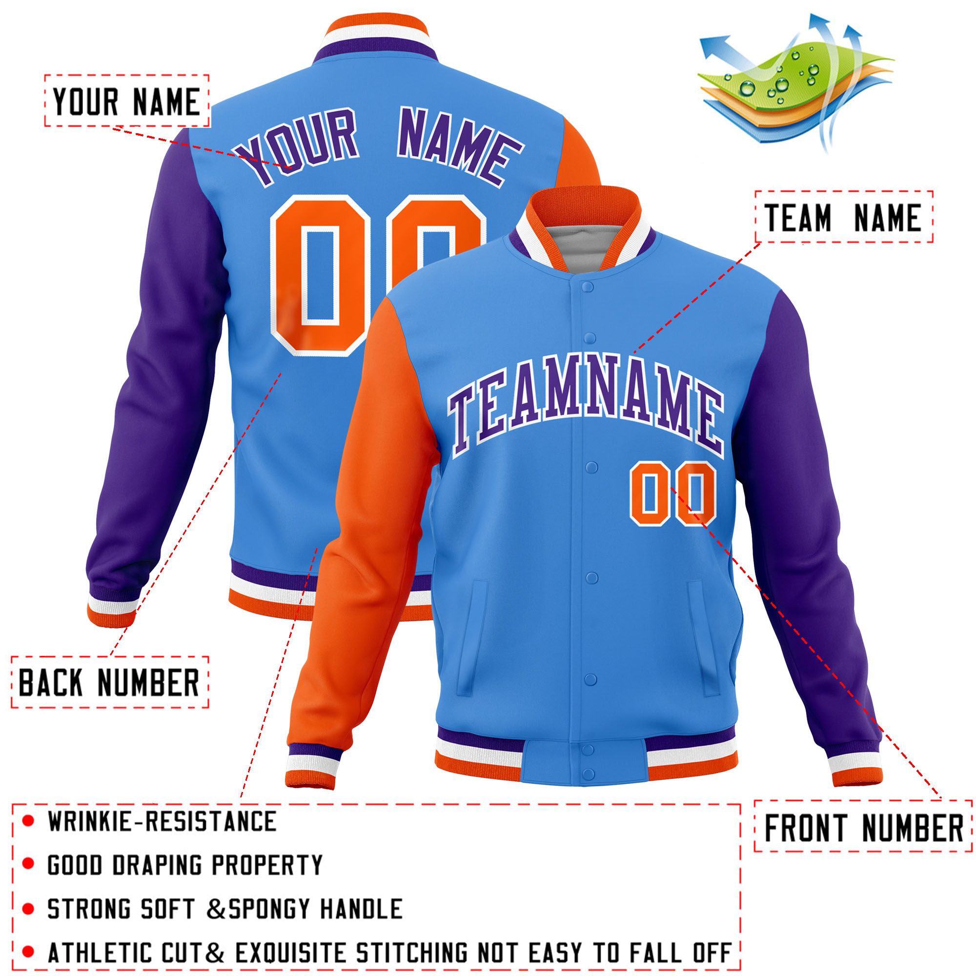 Custom Powder Blue Purple-Orange Raglan Sleeves Varsity Full-Snap Letterman Jacket