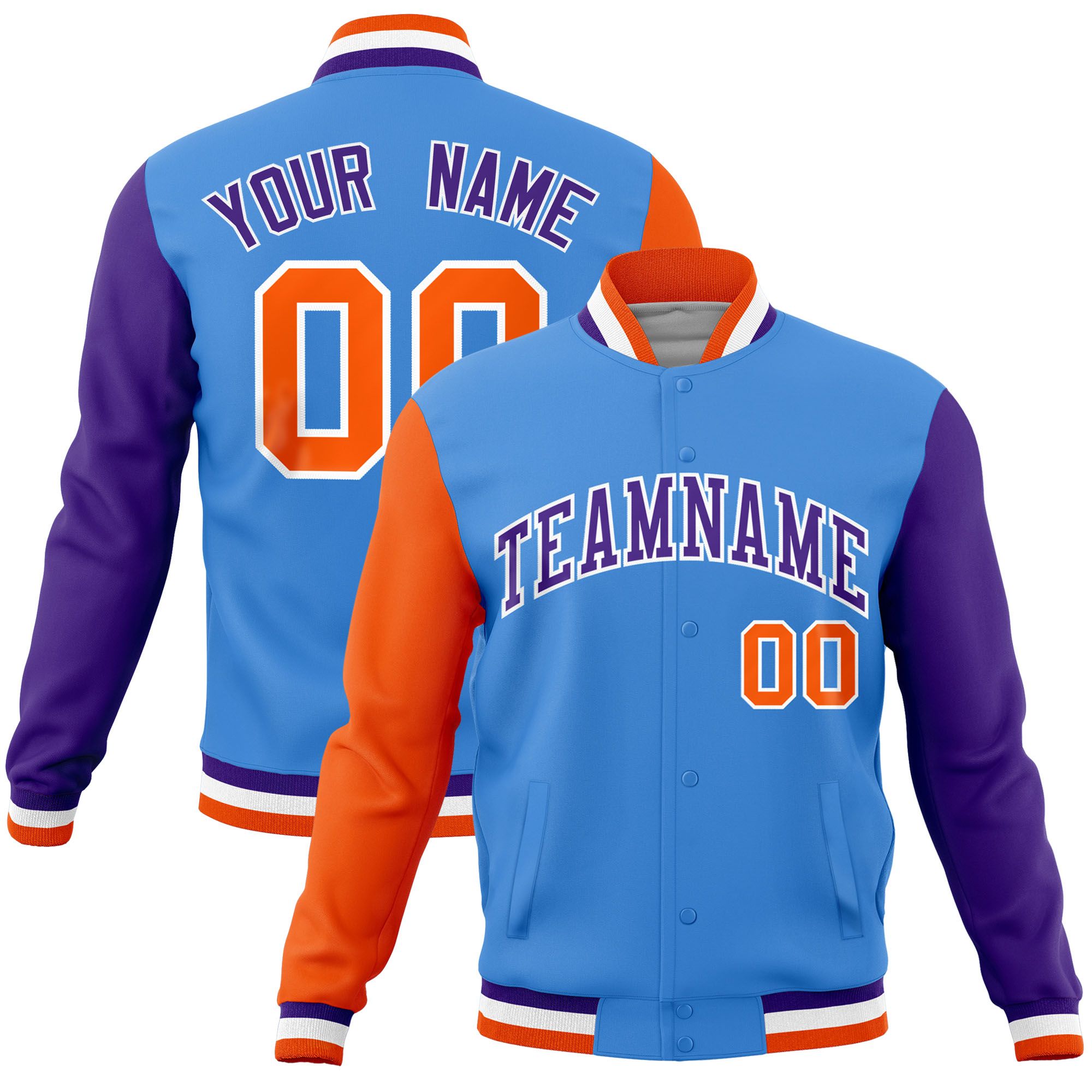 Custom Powder Blue Purple-Orange Raglan Sleeves Varsity Full-Snap Letterman Jacket