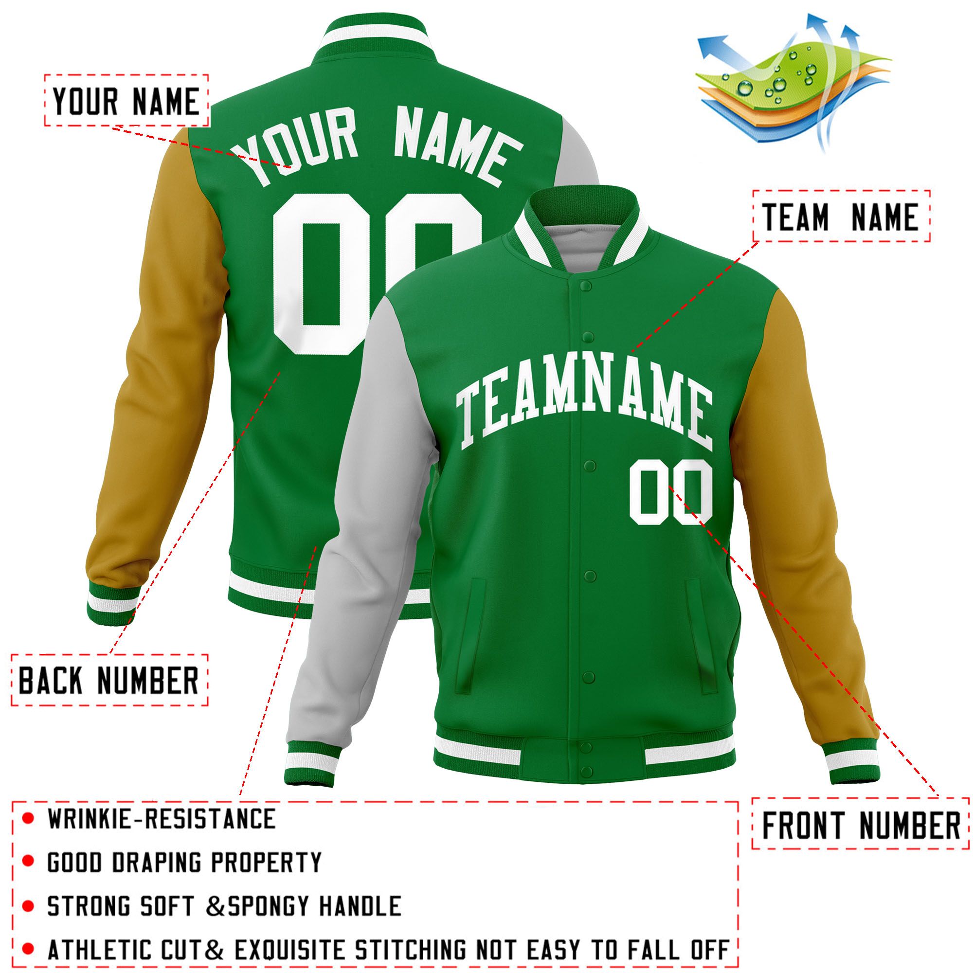 Custom Kelly Green Old Gold-Gray Raglan Sleeves Varsity Full-Snap Letterman Jacket