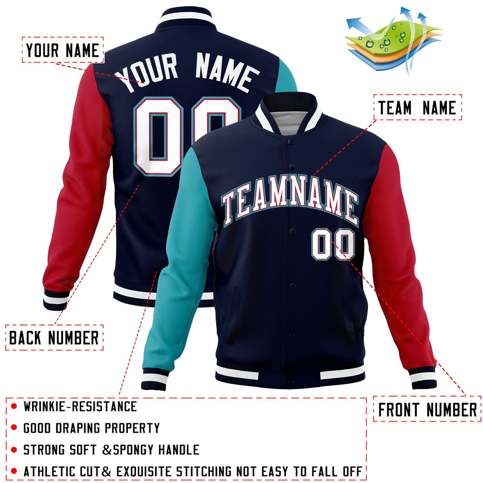 Custom Navy Red-Aqua Raglan Sleeves Varsity Full-Snap Letterman Jacket