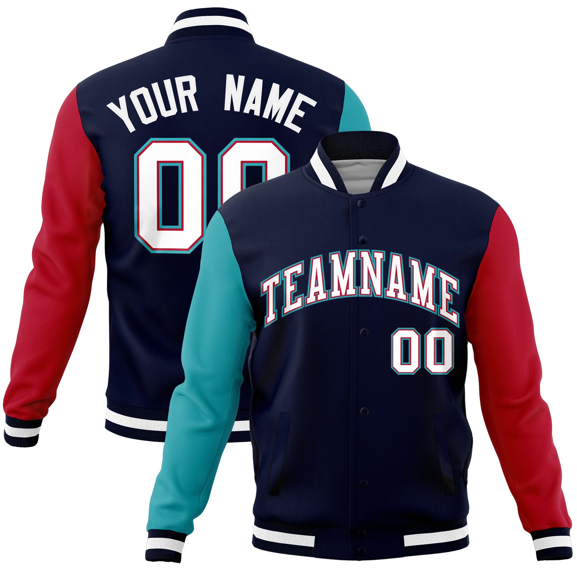 Custom Navy Red-Aqua Raglan Sleeves Varsity Full-Snap Letterman Jacket