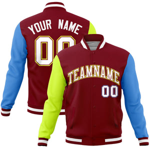 Custom Crimson Powder Blue-Neon Green Raglan Sleeves Varsity Full-Snap Letterman Jacket