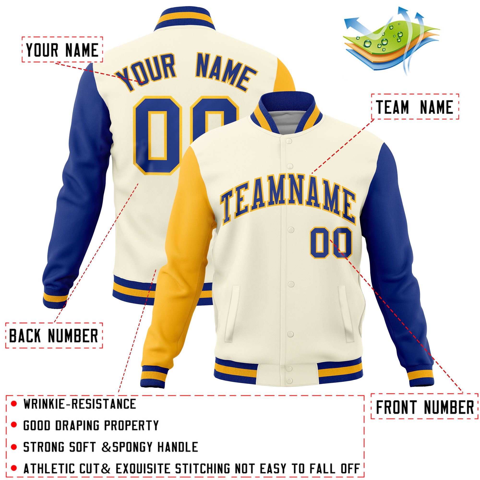 Custom Cream Royal-Gold Raglan Sleeves Varsity Full-Snap Letterman Jacket