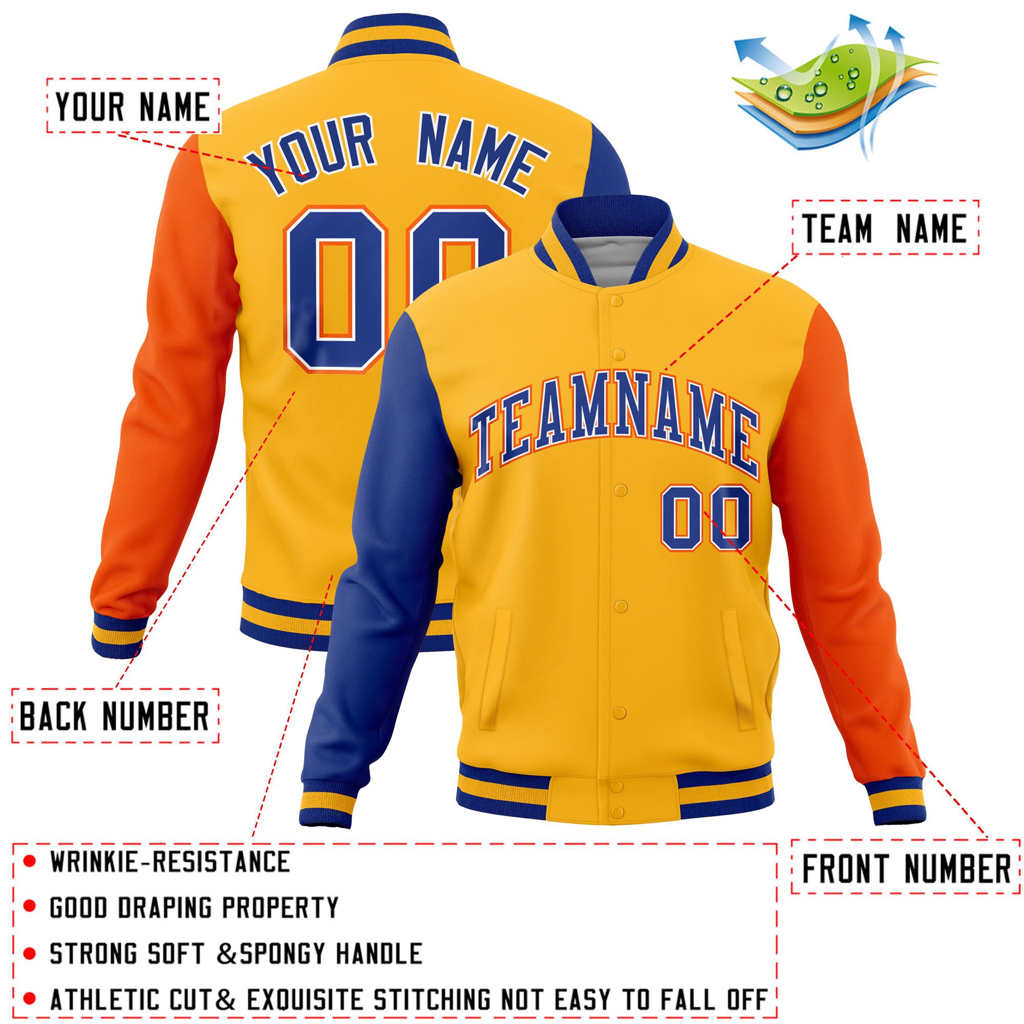 Custom Gold Orange-Royal Raglan Sleeves Varsity Full-Snap Letterman Jacket