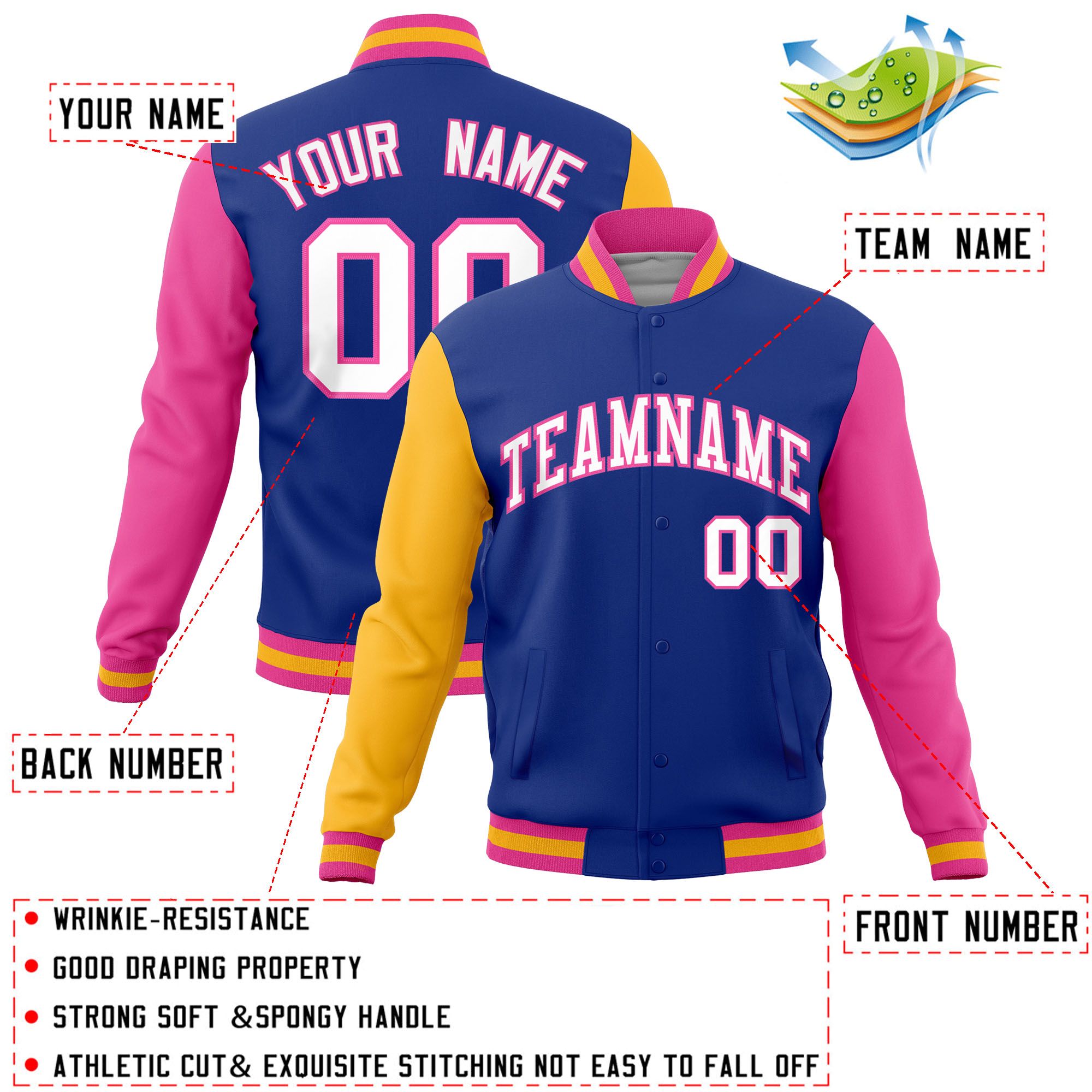 Custom Royal Pink-Gold Raglan Sleeves Varsity Full-Snap Letterman Jacket