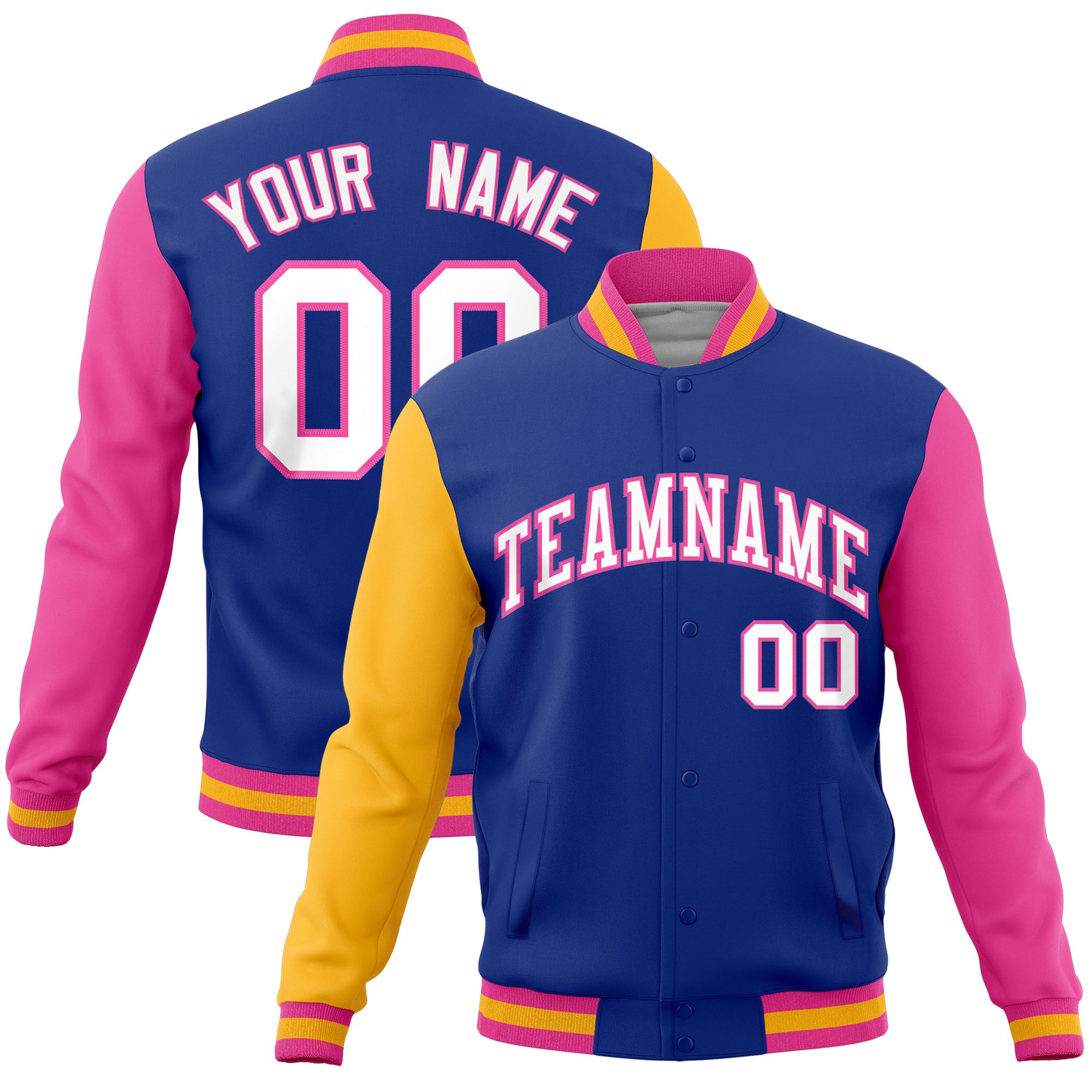 Custom Royal Pink-Gold Raglan Sleeves Varsity Full-Snap Letterman Jacket